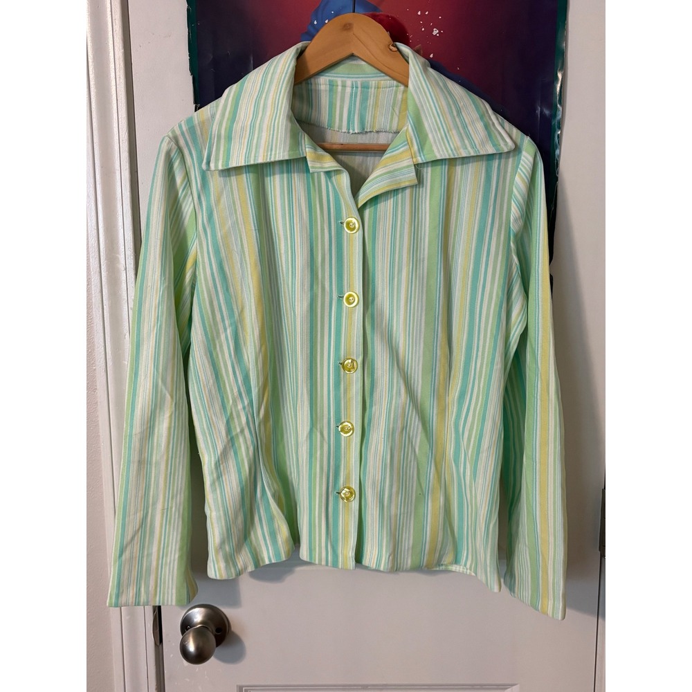 Vintage 70s Striped Button Up Blouse Mint Green Yellow Dagger Collar Retro Top